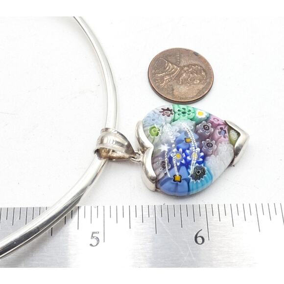 Vintage 925 Millefiori Heart Pendant Necklace Sterling Italy Glass Alan K Signed - Picture 4 of 15